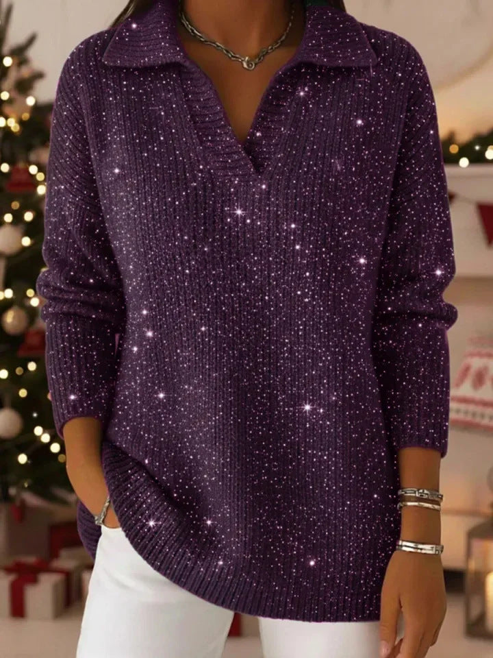 🎄New Arrivals🔥Christmas Party Polo CollarShiny Loose Sweater Top