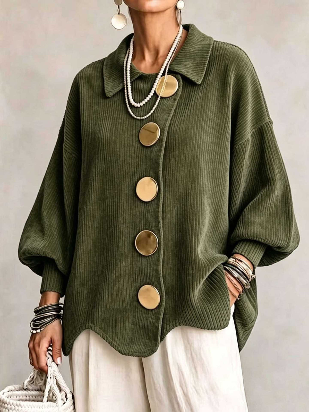 CLEARANCE SALE🔥 Oversized Collared Cardigan, Corduroy Knit With Large Metal Buttons
