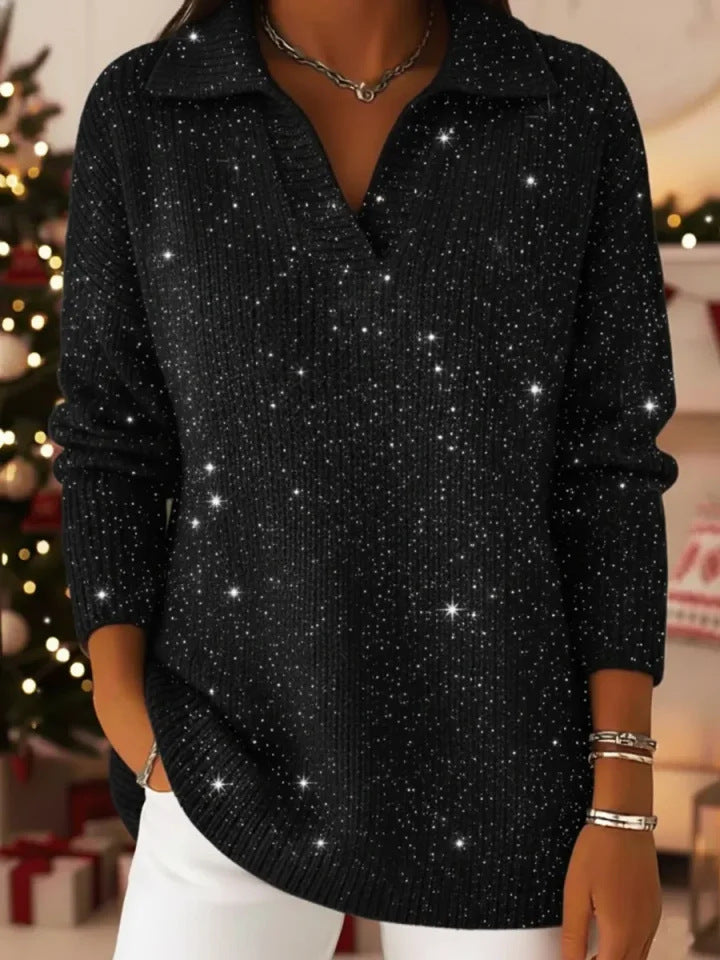 🎄New Arrivals🔥Christmas Party Polo CollarShiny Loose Sweater Top