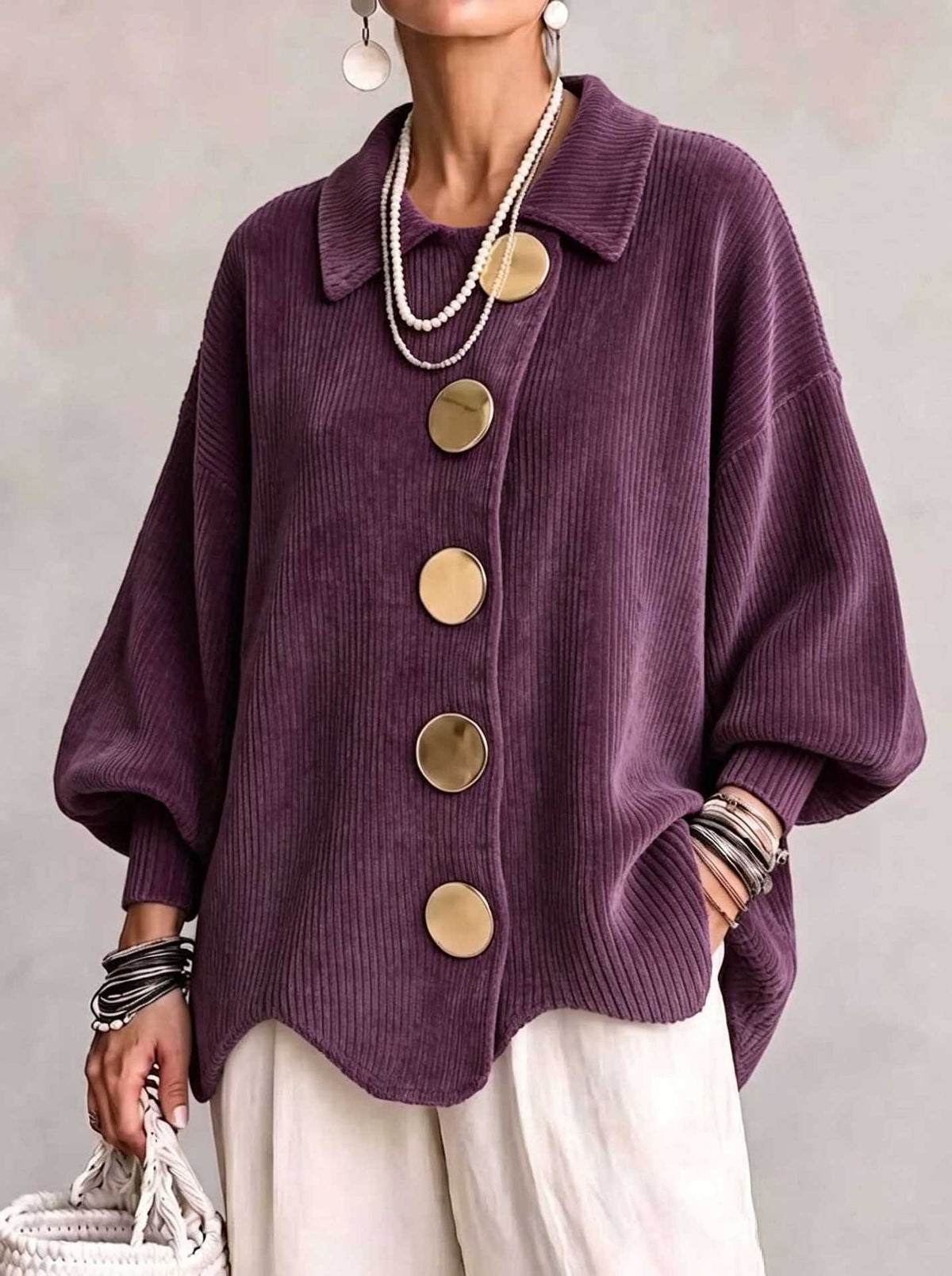 CLEARANCE SALE🔥 Oversized Collared Cardigan, Corduroy Knit With Large Metal Buttons