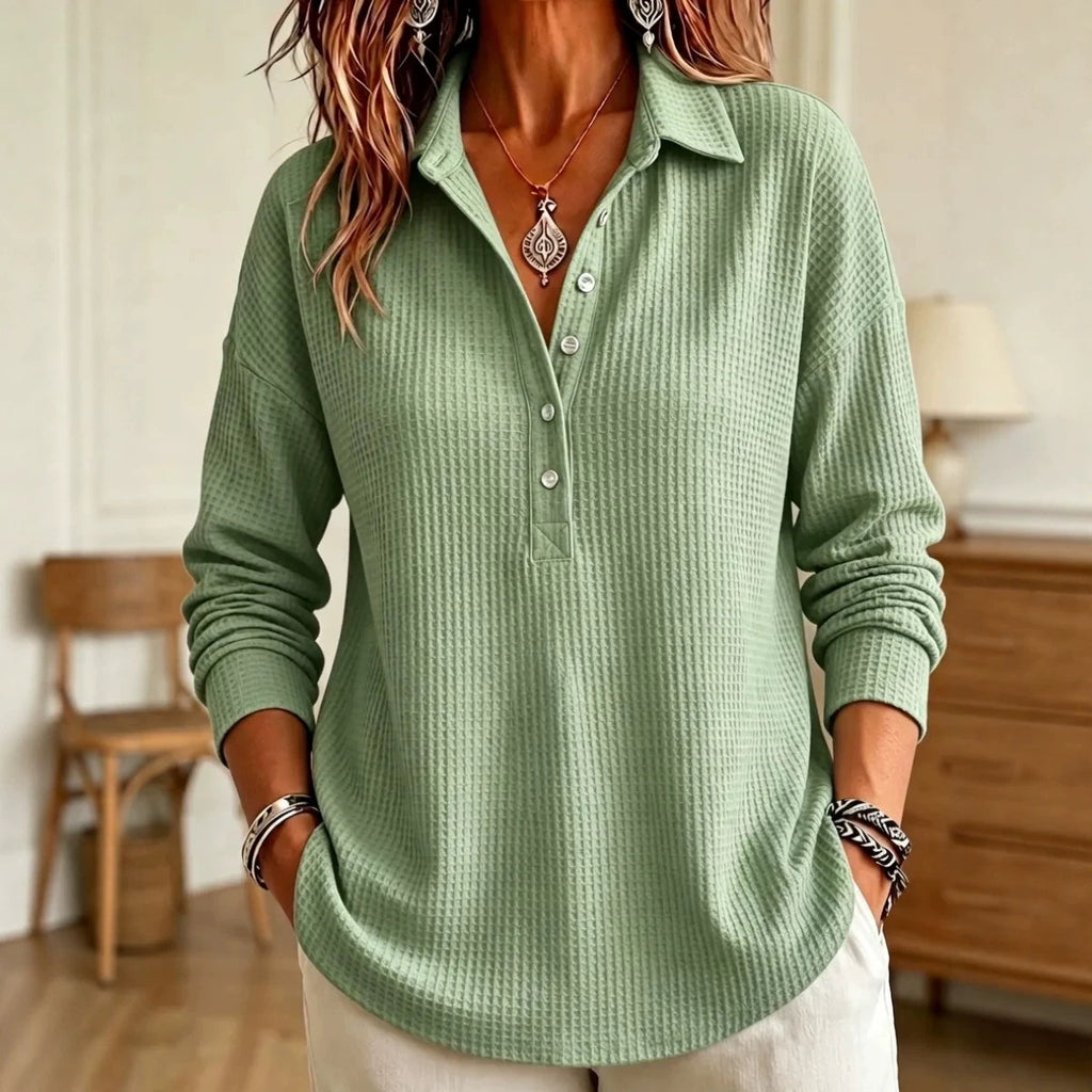 CLEARANCE SALE🔥 Women's Casual Waffle Knit Collared Henley Long Sleeve Shirt