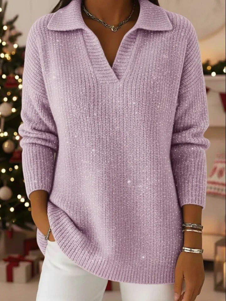 🎄New Arrivals🔥Christmas Party Polo CollarShiny Loose Sweater Top