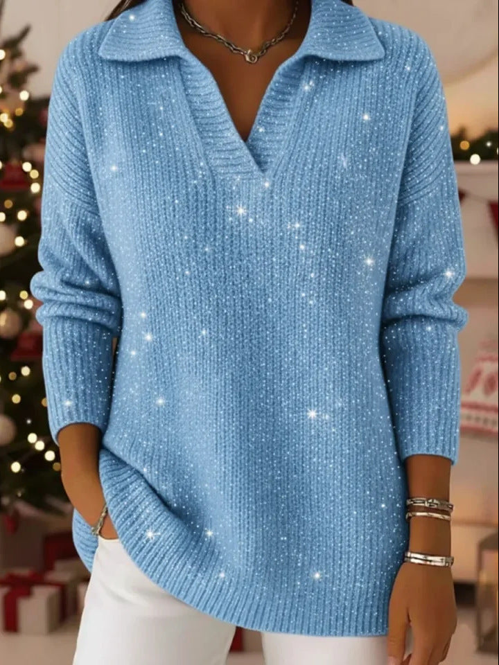 🎄New Arrivals🔥Christmas Party Polo CollarShiny Loose Sweater Top