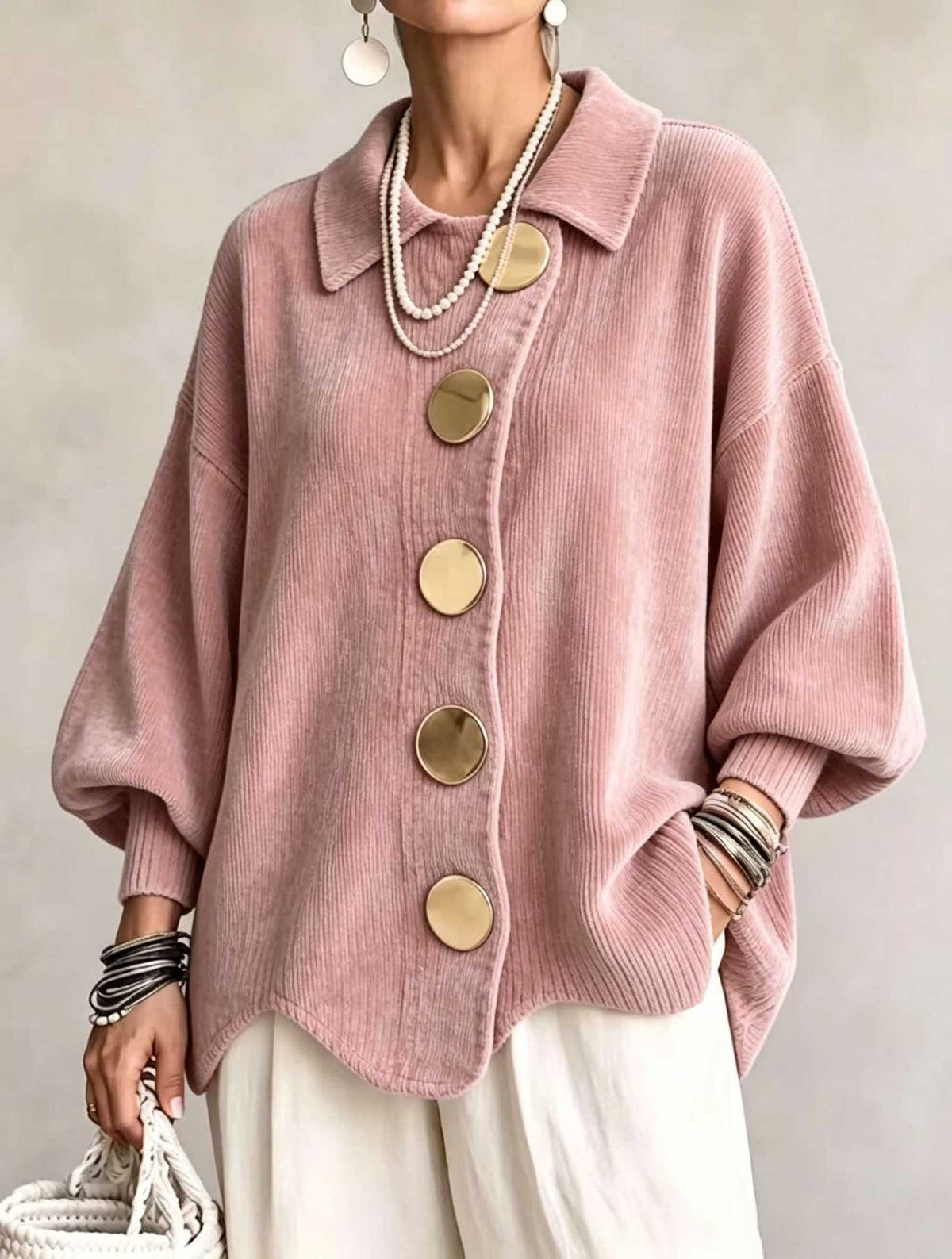 CLEARANCE SALE🔥 Oversized Collared Cardigan, Corduroy Knit With Large Metal Buttons