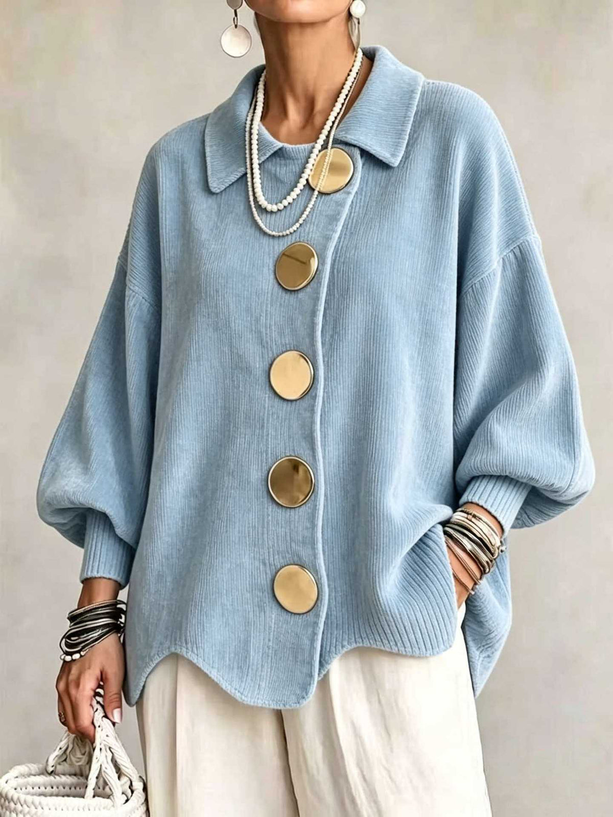 CLEARANCE SALE🔥 Oversized Collared Cardigan, Corduroy Knit With Large Metal Buttons