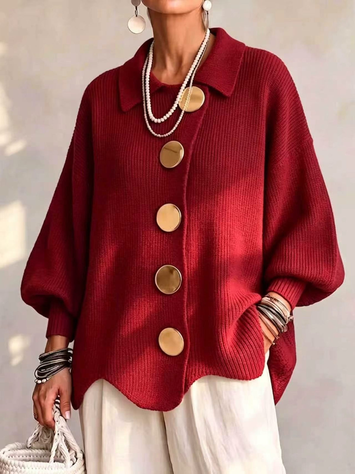 CLEARANCE SALE🔥 Oversized Collared Cardigan, Corduroy Knit With Large Metal Buttons