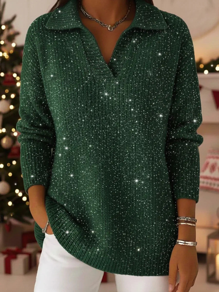 🎄New Arrivals🔥Christmas Party Polo CollarShiny Loose Sweater Top