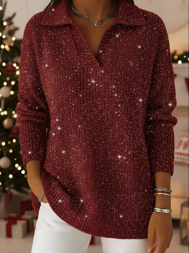 🎄New Arrivals🔥Christmas Party Polo CollarShiny Loose Sweater Top