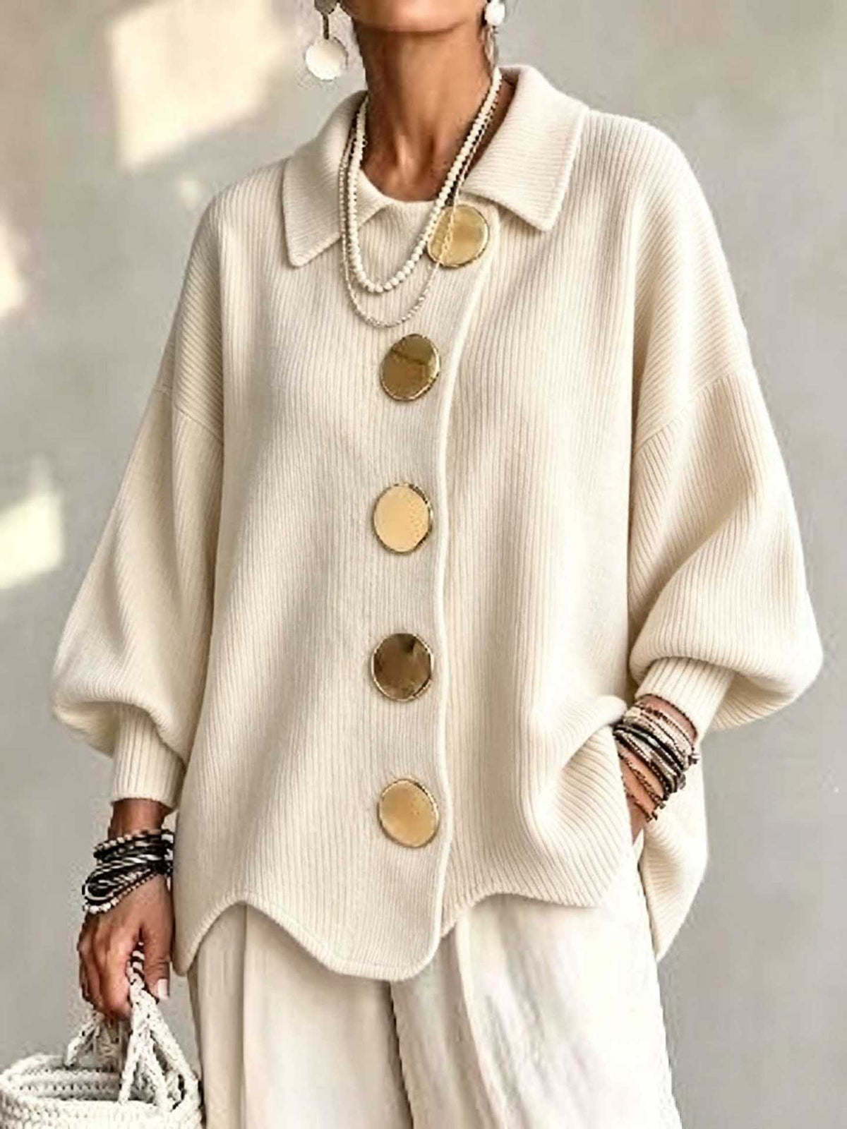 CLEARANCE SALE🔥 Oversized Collared Cardigan, Corduroy Knit With Large Metal Buttons