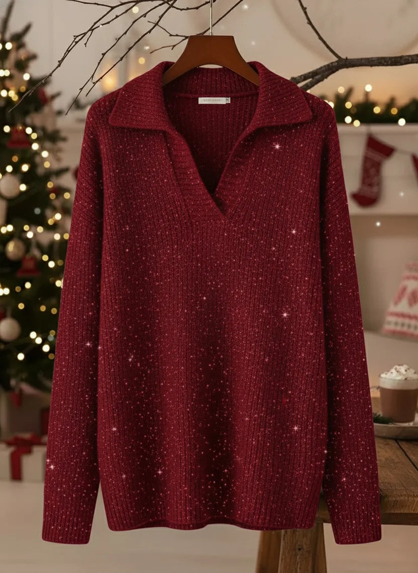 🎄New Arrivals🔥Christmas Party Polo CollarShiny Loose Sweater Top